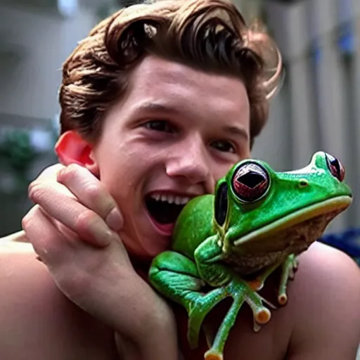 Image similar to Tom Holland with a frog in his mouth