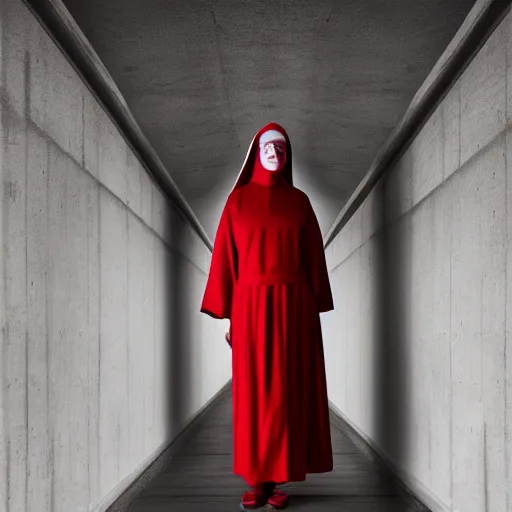 Image similar to portrait of a nun in red clothes, staying in concrete corridor, dark, moody, scary, paranoid, by Hugh Kretschmer