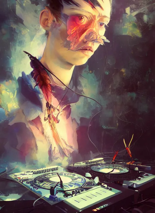Prompt: surreal gouache painting, by yoshitaka amano, by ruan jia, by conrad roset, by good smile company, detailed anime 3d render of a Giant glowing dragonfly on a DJ mixer, portrait, cgsociety, artstation, rococo mechanical and eletronic, dieselpunk atmosphere