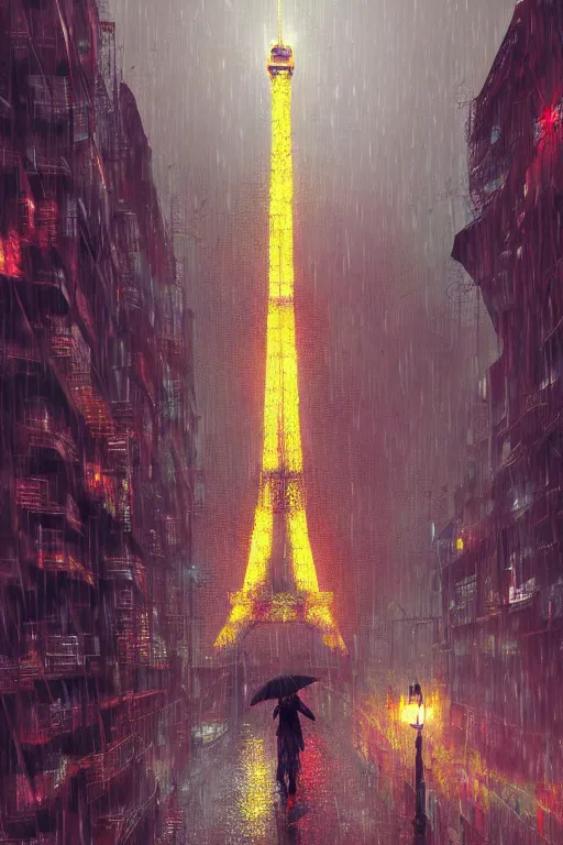 Prompt: beautiful digital illustration Eiffel tower in the rain cyberpunk scenery by Marc Simonetti