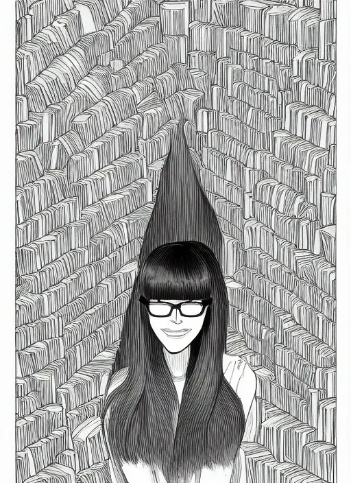 Prompt: clean simple line art of a woman with straight hair and glasses sitting on a tall pile of books. well composed, clean coloring book page, beautiful detailed face. coloring book line art by greg rutkowski and johanna basford