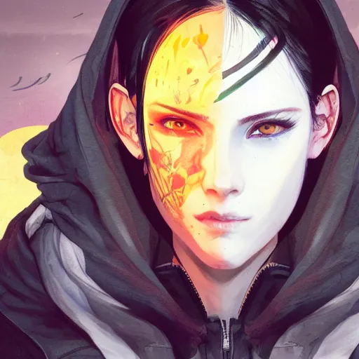 Image similar to a pale skinny white young girl with black hair, the hime cut, 1 8, in a black hoodie, and a cat, apex legends character, digital illustration portrait design, by android jones and greg rutkowski, retrowave color scheme, detailed, cinematic lighting, wide angle action dynamic portrait