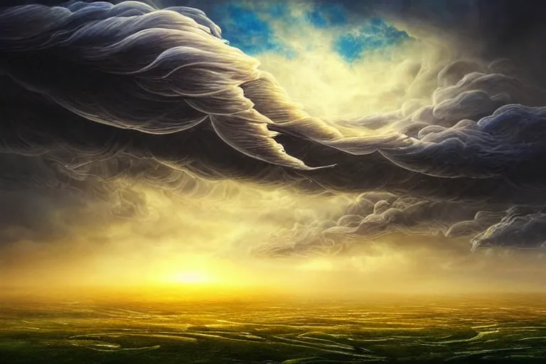 Prompt: a huge flock of many elaborate intricate smooth sculptural whirling elegant clouds puffy filigreed twisting turning cloud sculptures, tornadoes, art nouveau apocalypse environment, soothing, crepuscular, award winning art, epic dreamlike fantasy landscape, ultra realistic,