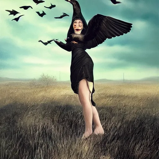 Image similar to morning, a woman in a black dress with a raven for head. sun, cinematic, clouds, vogue cover style, contracting colors mood, realistic painting, intricate oil painting, high detail, figurative art, multiple exposure, poster art, 3 d, by simon bisley, ismail inceoglu, wadim kashin, filip hodas.