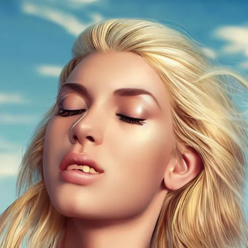 Image similar to a very beautiful blonde woman with her head leaning backwards, god ray across her face, eyes closed, front shot, close - up, hyper detailed, high contrast, bokeh background, realistic, digital art by magali villeneuve and artgerm, sharp focus 4 k