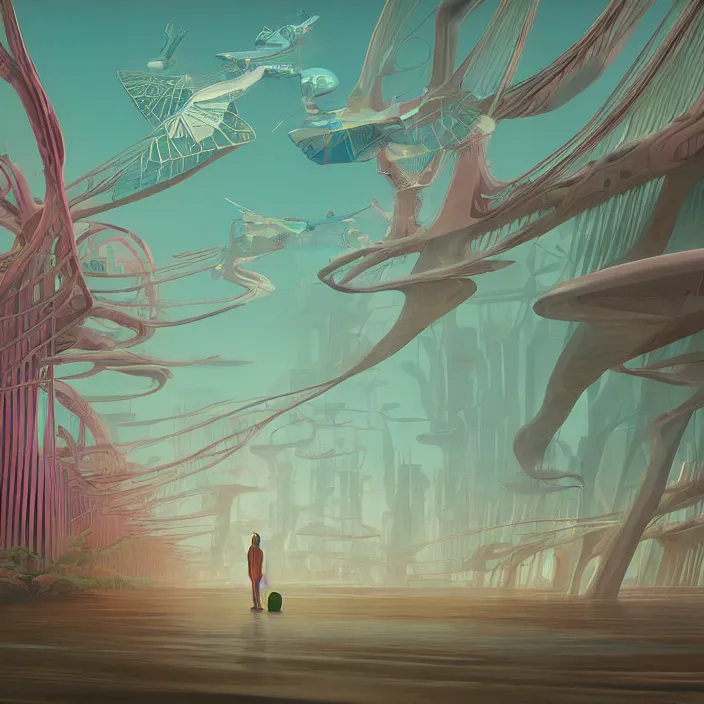 Image similar to amai liu, science fiction, extremely detailed, sharp focus, pastel colors, intricate, hard light, illustration, volumetric lighting, digital painting, by roger dean, by santiago calatrava, by simon stalenhag