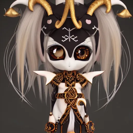 Image similar to cute fumo plush of a goat girl with horns, anime girl, tribal outfit with intricate celtic knot patterns, golden pauldrons, gothic maiden shaman, pagan goddess, black and white, stark shadows, artstation, vray