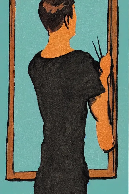 Image similar to man looking into a mirror, 1960’s minimalist advertising illustration, painterly, expressive brush strokes