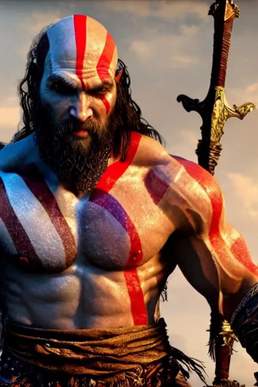 Image similar to film still from god of war, a highly detailed beautiful closeup photo of jason momoa!! kratos with long! windblown wet hair! holding a sword and fighting zombies on a pile of human skulls, spartan warrior, olympian god, muscular!!!, masculine confident pose, ambient lighting, volumetric lighting, octane, fantasy