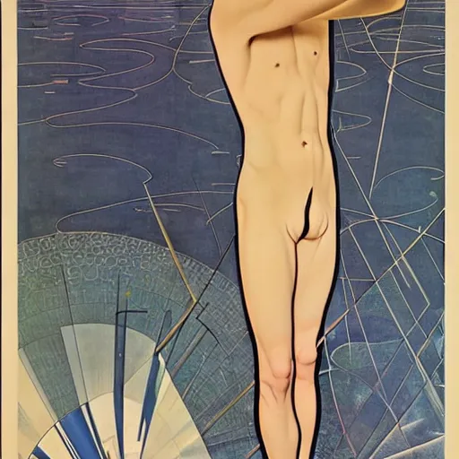 Image similar to art by coles phillips, a tall chrome - skinned god walks the earth, reflective skin, chrome, skin with a mirrror like finish similar to the silver surfer, mucha, kandinsky