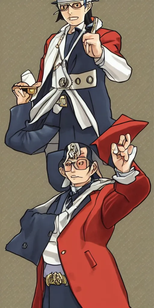 Image similar to the judge from Ace Attorney dressed as justice with a scale in one hand. Tarot card Justice