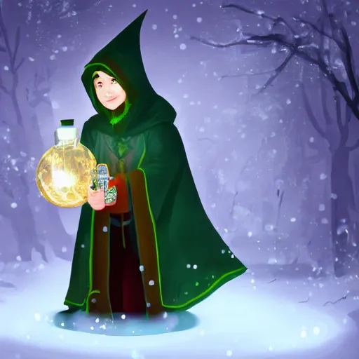 Prompt: A portrait of a young wizard in a dark cloak, he carries a snowglobe with humans trapped inside, emanating dimensional magic, digital art