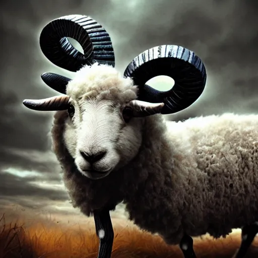 Image similar to ram sheep robot, intricate, sinister, futuristic, ultra realistic, hyper detailed, cinematic, digital art, artstation, trending,
