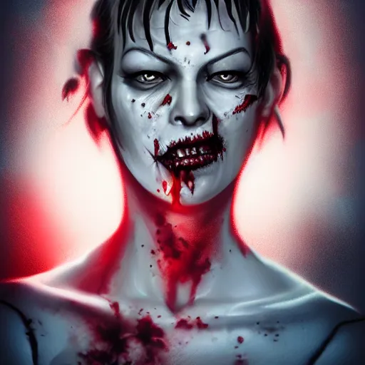 Prompt: angry zombie portrait of milla jovovich in an urban szene, grimdark horror, stylized digital illustration, radiating a glowing aura, global illumination, ray tracing, hdr, fanart arstation by ian pesty and katarzyna bek - chmiel