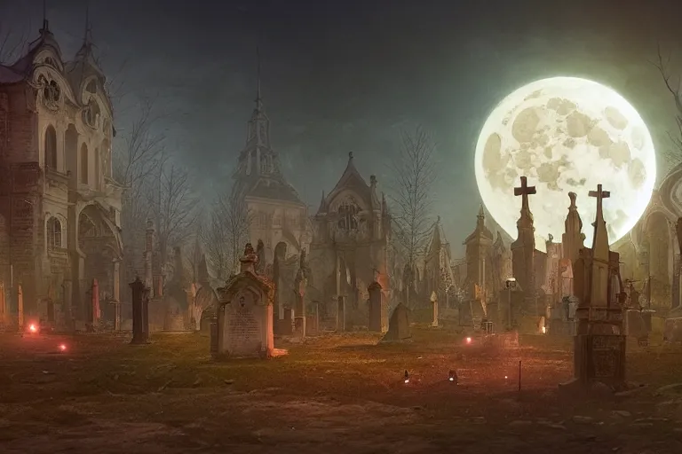 Image similar to an ultra detailed animation of a graveyard at midnight on halloween, digital art, dark fantasy, concept art, soulslike, by alphonse mucha, blood moon eclipse, ruined building in the background, artstation, 8 k, unreal engine render