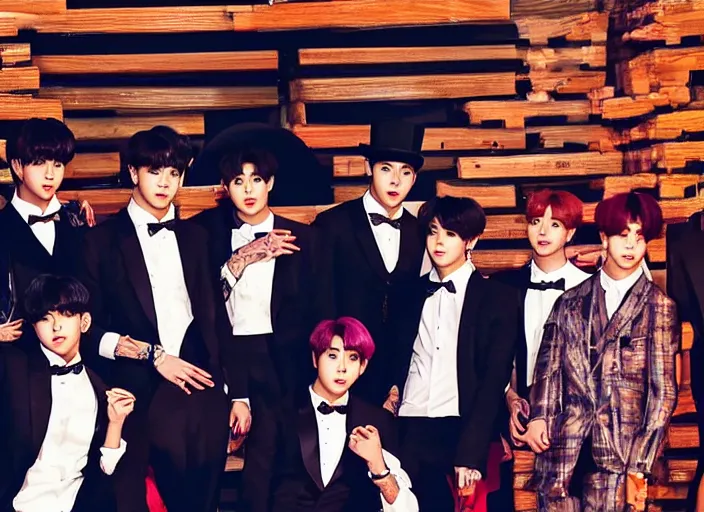 Prompt: photo of all the bts boyband members in the pallet using a top hat and a black suit, ultra detailed, cinematic composition, colorful, dramatic lighting