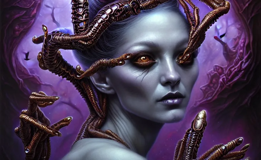 Image similar to A beautiful detailed alien goddess woman with 6 arms super dark tarot card, gorgeous model face by Stanley Artgerm, by tomasz alen kopera and Justin Gerard, 4 eyes, beautiful symmetrical features, ominous, magical realism, melting, texture, intricate, ornate, royally decorated, melting, whirling smoke, embers, purple adornments, blue torn fabric, radiant colors, fantasy, trending on artstation, volumetric lighting, micro details, 3d sculpture, ray tracing, 8k, anaglyph effect