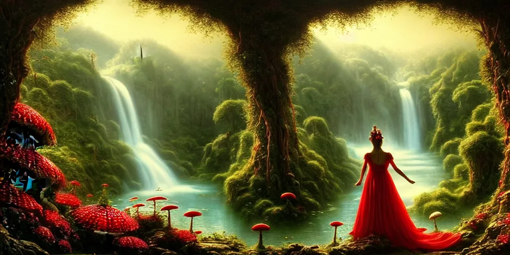 Image similar to an elegant fairy queen in a red lace dress dancing looking out at a lord of the rings scenery landscape, vast lush valley flowers and giant mushroom structures, waterfall falling into a clear lake, river, sunrise, god's rays highly detailed, vivid colour, soft clouds, floral sunset, cinematic lighting, perfect composition, gustave dore, derek zabrocki, greg rutkowski