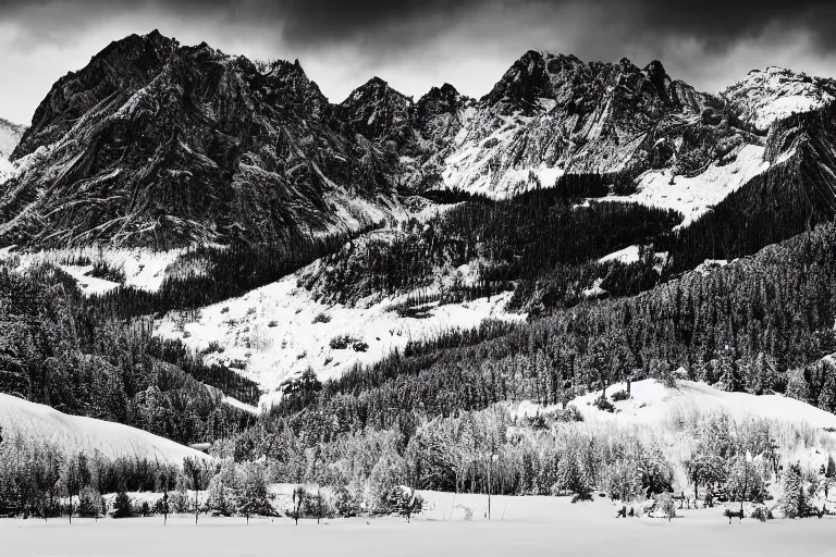 Prompt: tyrannosaurus inside a valley, snowy peaks, in the style of ansel adams, black and white, old, master photography