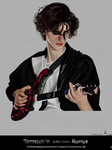 Image similar to timothee chalamet disguised as satan, playing electric guitar, photorealist, digital art, artstation, 4 k