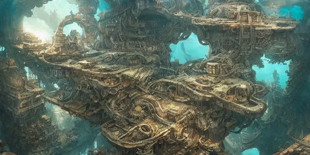 Image similar to masterpiece artwork of a underwater city on a aguarium, hyper detailed, art, trending in artstation, behance, deviantart, art style by kim jung gi and greg rutkowski