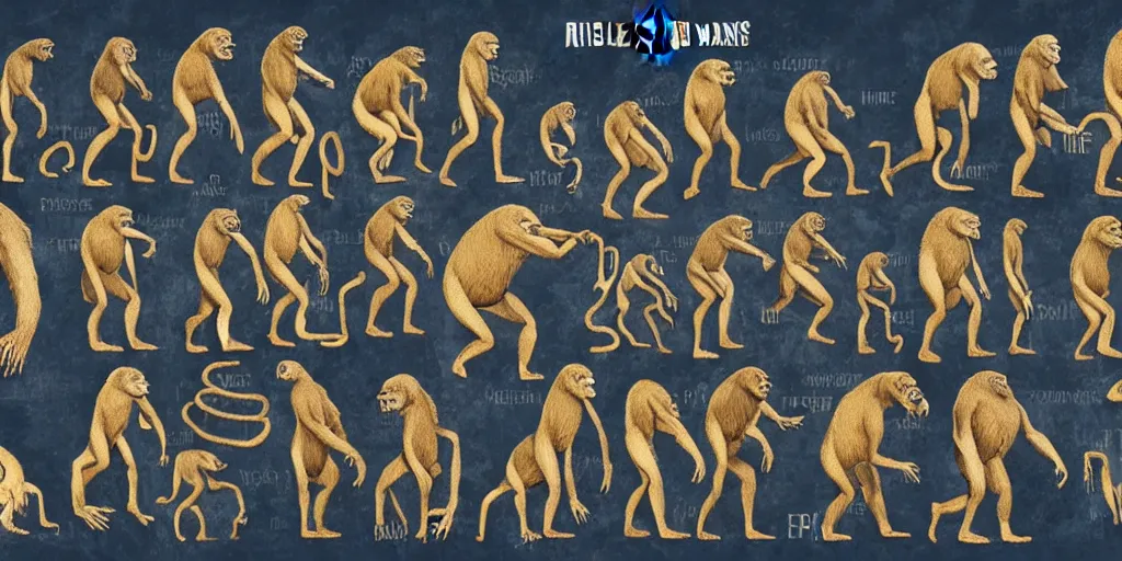 Image similar to Very detailed biological schema showing five missing links in the evolution of ape into man