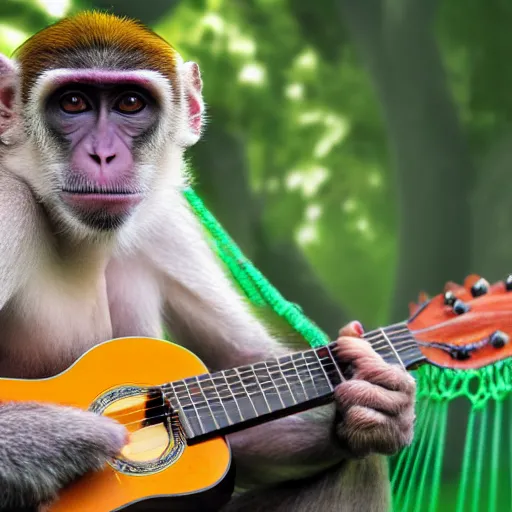 Image similar to a monkey playing the guitar while in a hammock, photorealistic, 4 k