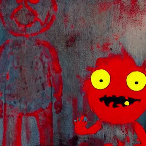 Image similar to grunge painting of elmo with a wide smile and a red balloon screenshot from rick and morty, creepy lighting, horror theme, detailed, elegant, intricate, conceptual