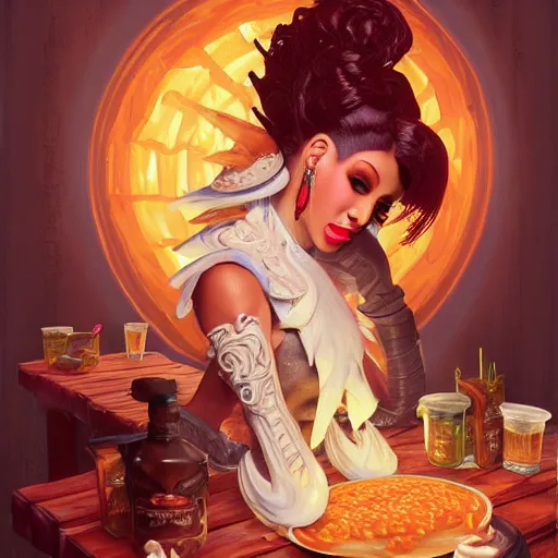 Prompt: Cardi B Eating Big Macs, dripping BBQ Sauce, serving rack of ribs, D&D, fantasy, intricate, elegant, highly detailed, digital painting, artstation, concept art, matte, sharp focus, illustration, hearthstone, art by Noah Bradley John Collier and Artem Demura and Alphonse Mucha