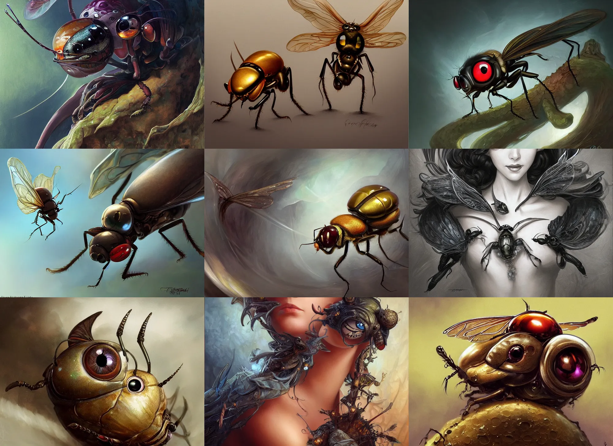 Prompt: an anthropomorphic fly with big eyes getting squashed, diffuse lighting, fantasy, intricate, elegant, highly detailed, lifelike, photorealistic, digital painting, artstation, illustration, concept art, smooth, sharp focus, art by frank frazetta and marco bucci and loish and rossdraws and artgerm and alphonse mucha