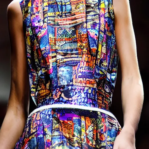 Prompt: close up of a fashion model with dress with a woman print on dress, catwalk photo, highly detailed