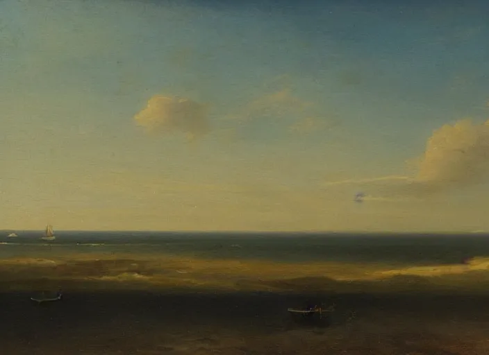 Image similar to texel, the netherlands as the background in the style of hudson river school of art, oil on canvas