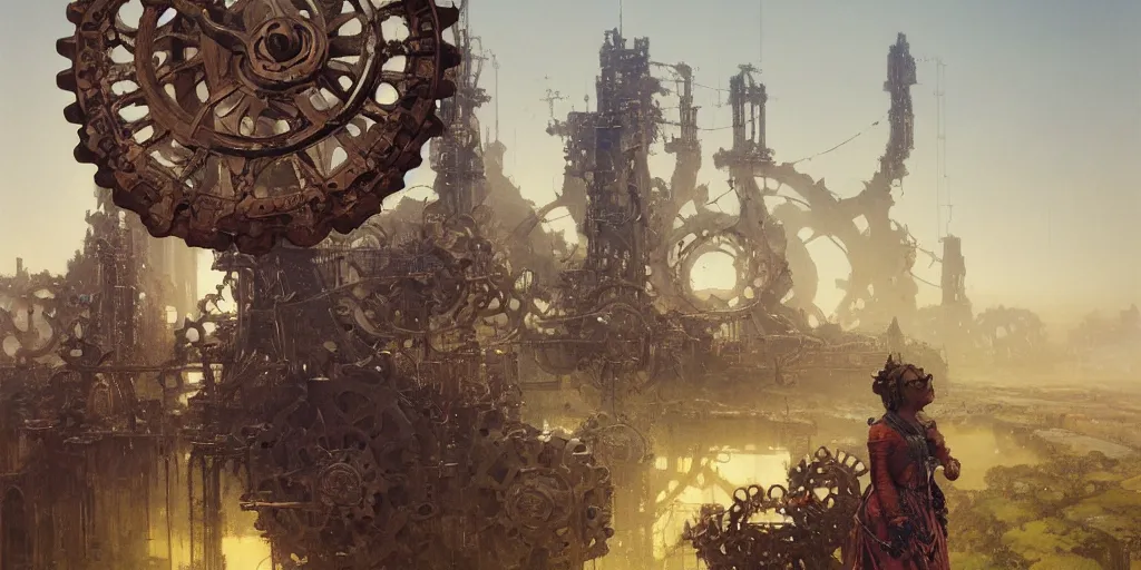 Image similar to giant gears floating in nothingness, clockwork, giant mechanisms, industry, villages castles, buildings vista artstation illustration sharp focus sunlit vista painted by ruan jia raymond swanland lawrence alma tadema zdzislaw beksinski norman rockwell tom lovell alex malveda greg staples