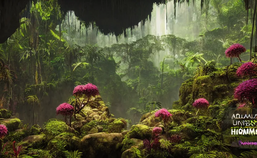 Prompt: a beautiful render of a dark prehistoric rainforest in a humongous cave, lush flora, patches of sky, magenta flowers, sunset, floating mountains and a waterfall in the background, intricate detail, hazy, humid, volumetric lighting, 8 k, photorealistic, raytracing effects, unreal engine 5