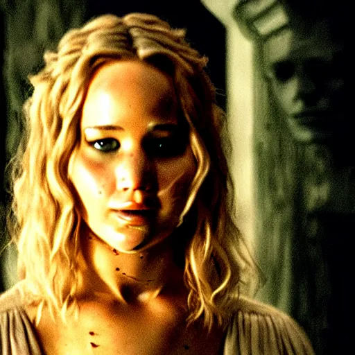 Prompt: cinematic jennifer lawrence as frankensteins monster, color photography, sharp detail, she is amused, still from the movie mary shelly's frankestein