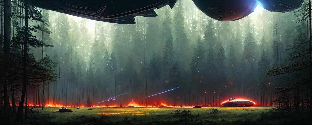 Prompt: a giant megastructure spaceship wrecked and lost in the forest, a small fire in the distance, powerful laser light and large sound system on the left, detailed digital art by greg rutkowski.