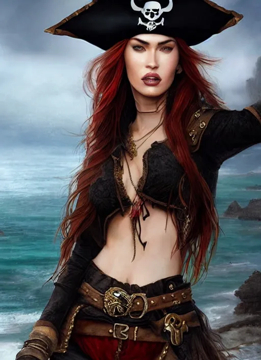 Image similar to megan fox pirate clothes, 8 k, sensual, hyperrealistic, hyperdetailed, beautiful face, long ginger hair windy, dark fantasy, fantasy portrait by laura sava