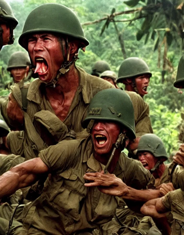 Image similar to Vietnam war scene with a few american soldiers into the jungle, extreme close up of an american soldier screaming with a hand besides his mouth, boixcar style, book cover art, movie still, cinematic lighting, art by Frank Frazetta and Alex Ross, award-winning masterpiece with incredible and beautiful details digital art, trending on artstation, smooth, sharp focus HD, 4K