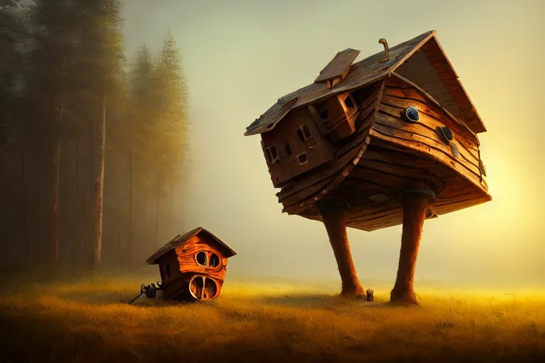 Prompt: a walking wood house with two mechanical legs, rust, hyperrealistic, highly detailed, cinematic, single ray of sun, fog, beautiful, cgssociety, artstation, 8 k, oil painting