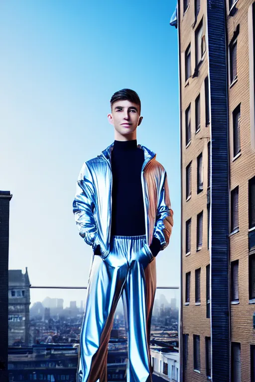 Image similar to un ultra high definition studio quality photographic art portrait of a young man standing on the rooftop of a british apartment building wearing soft baggy inflatable padded silver iridescent pearlescent clothing. three point light. extremely detailed. golden ratio, ray tracing, volumetric light, shallow depth of field. set dressed.