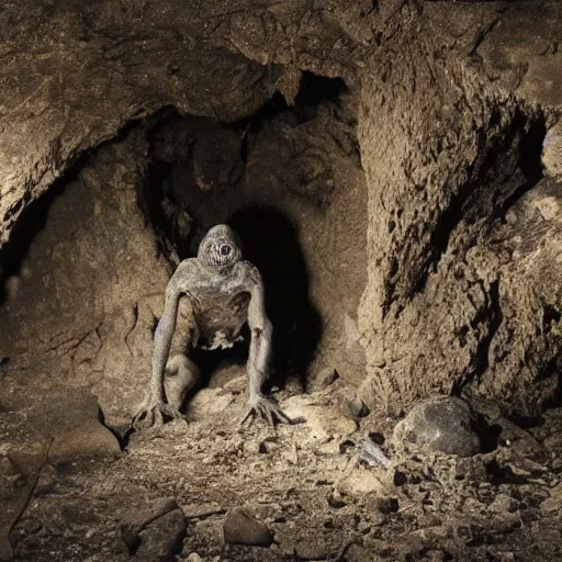 Prompt: photo inside a cavern of a scary humanoid partially hidden behind a rock with wet lizard skin and a mouth with sharp tooth and black eyes, staring at a tourist