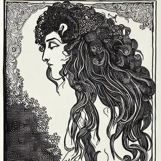 Prompt: filigree detailed illustration of a profile of gypsy girl with long curly hair and big goat horns, aubrey beardsley, woodcut