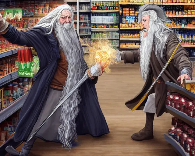 Prompt: Gandalf fighting Dumbeldore in grocery store, highly detailed, digital art, trending on artstation