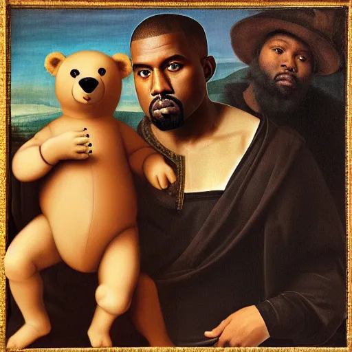 Image similar to A renaissance painting of Kanye West with a anthropomorphic Teddy Bear mascot, portrait, album cover,