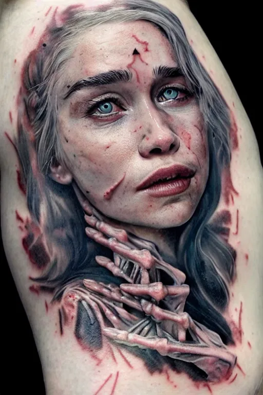 Image similar to woman covered with blood, covered with skeleton tattoo, emilia clarke face!!!, masterpiece portrait, long white hair, beautiful blue eyes, ultra realistic, concept art, intricate details, highly detailed, photorealistic, octane render, 8 k, unreal engine. retro film still, heavy grain, 3 5 mm, art by artgerm and greg rutkowski and alphonse mucha
