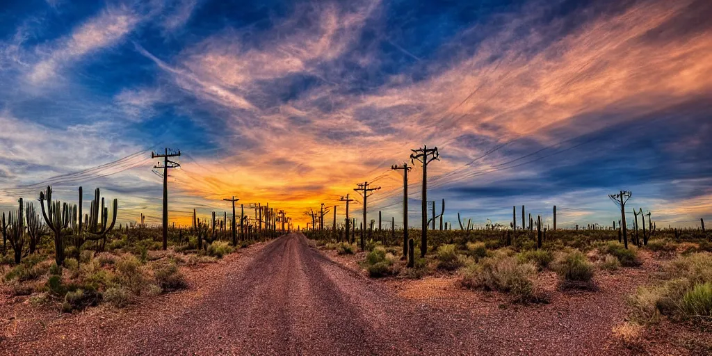 Image similar to long road telephone poles clouds sunset desert cactus photography HDR 8k