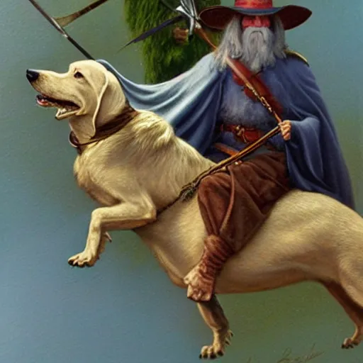 Image similar to Highly detailed oil painting of Gandalf the White riding a dachshund, intricate artwork by Angus McBride, John Howe, Matthew Stewart, Ted Nasmith, heroic fantasy