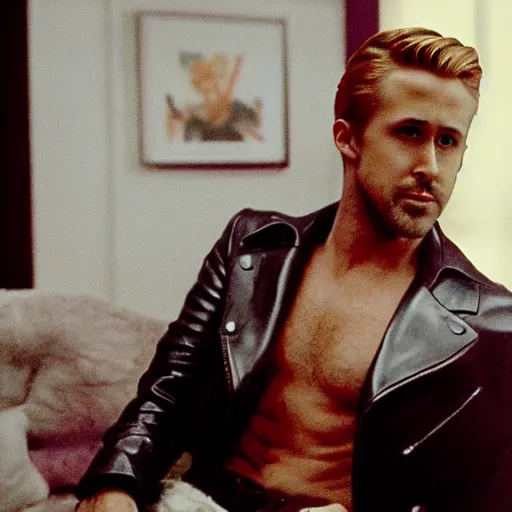 Image similar to amazing beautiful Ryan Gosling barbie doll wearing leather in the living room, film still from the movie directed by Denis Villeneuve , wide lens