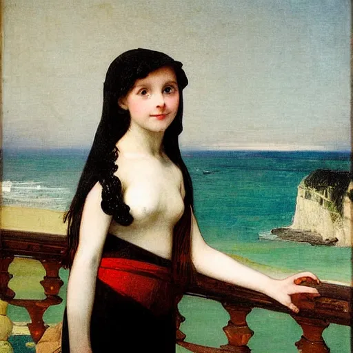Prompt: A girl on the front of a Balustrade with a beach on the background by paul delaroche
