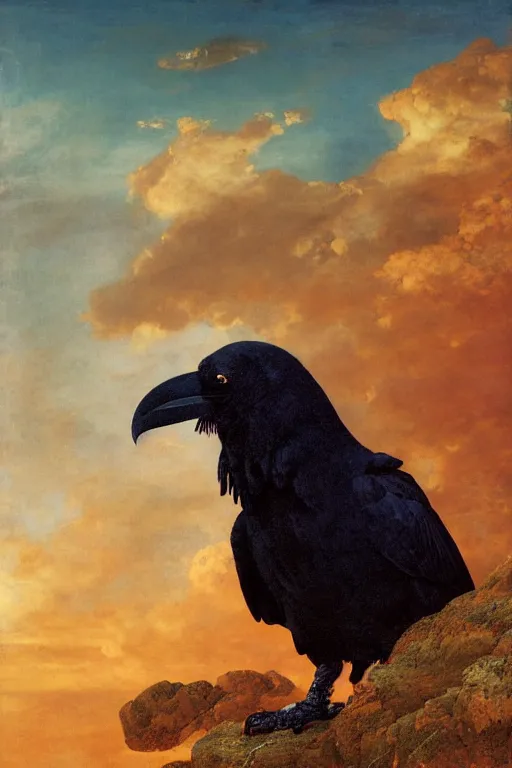 Prompt: a breathtakingly stunningly beautifully highly detailed extreme close up portrait of a raven under a rock arch, epic coves crashing waves plants, beautiful clear harmonious composition, dynamically shot, wonderful strikingly vivid orange beautiful dynamic sunset with epic clouds, detailed organic textures, by frederic leighton and rosetti and turner and eugene von guerard, 4 k